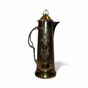 Antique German Art Nouveau Copper Brass Hammered Wine Pitcher Hinged